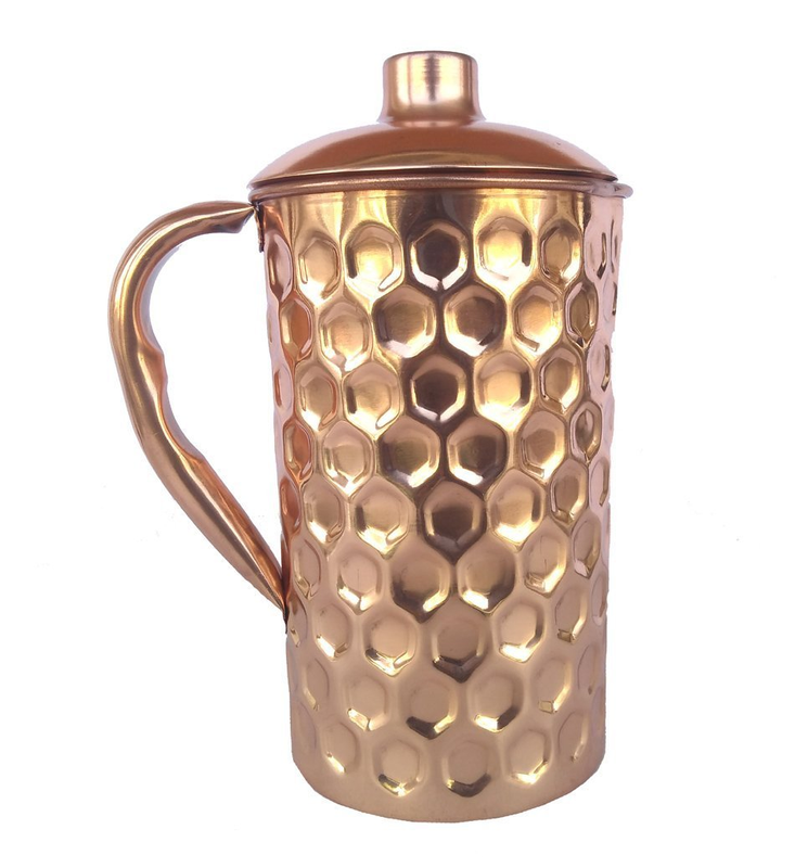 Rastogi Handicrafts Copper Water Jug/Pitcher/Vessel/Utensil 1500 ml Capacity Diamond Cut Shape Drink Ware Set Storing Drinking Water Ayurveda (1 JUG)