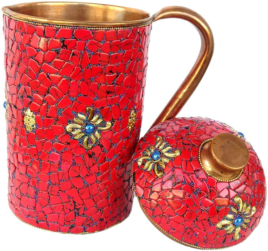 Rastogi Handicrafts Pure Copper Jug Drink Ware Tableware Pitcher Outer Red Stone Work Decorated