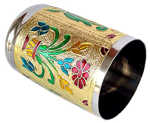 Rastogi Handicrafts Set of 6 Stain Less Steel Glass Indian Hand Made Meena Work Peacock Design Golden Silver Color Diwali Christmas Tumbler Gift Set Item (Golden)